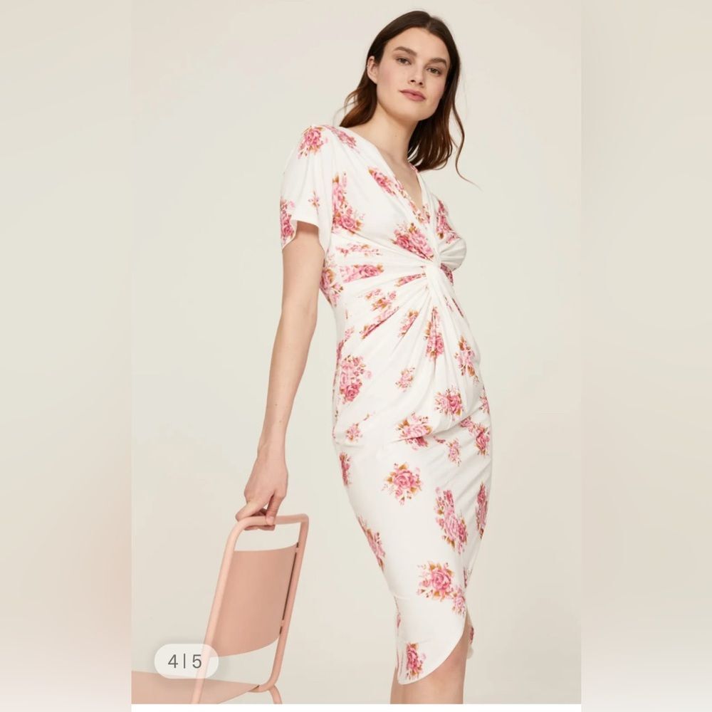 Les Rêveries Twist Front Drape Floral Midi Dress Ivory Pink M